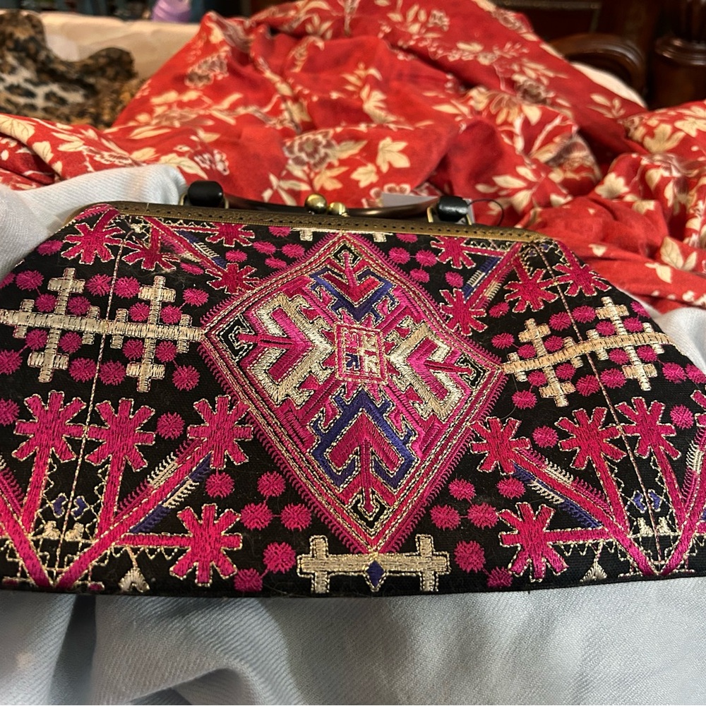 Black and Pink Embroidered Women's Bag from the Middle East.  Vibrant colors. - Picture 4 of 5